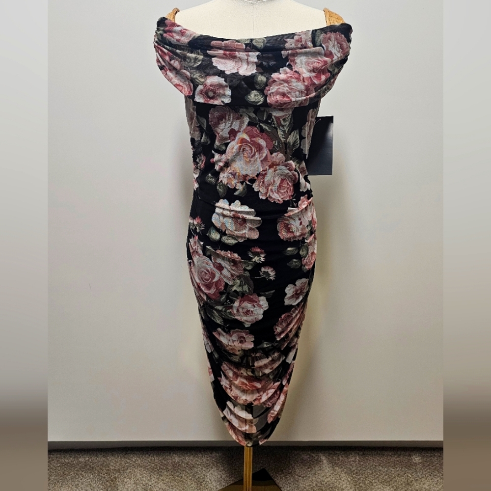 BEBE Off Shoulder Floral Ruched Dress